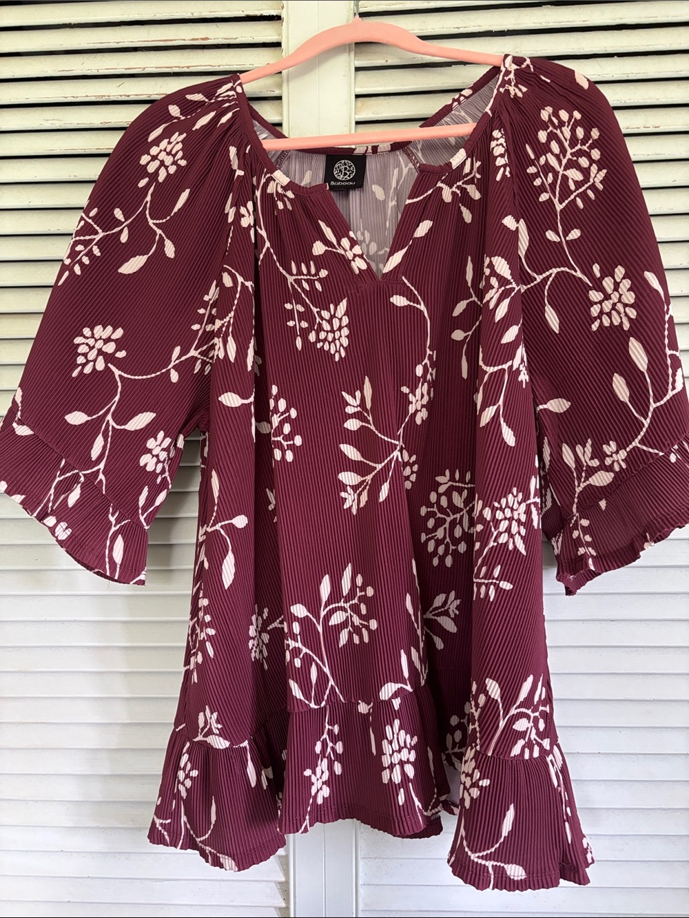 Bobeau Wine Floral Pleated Peasant Blouse